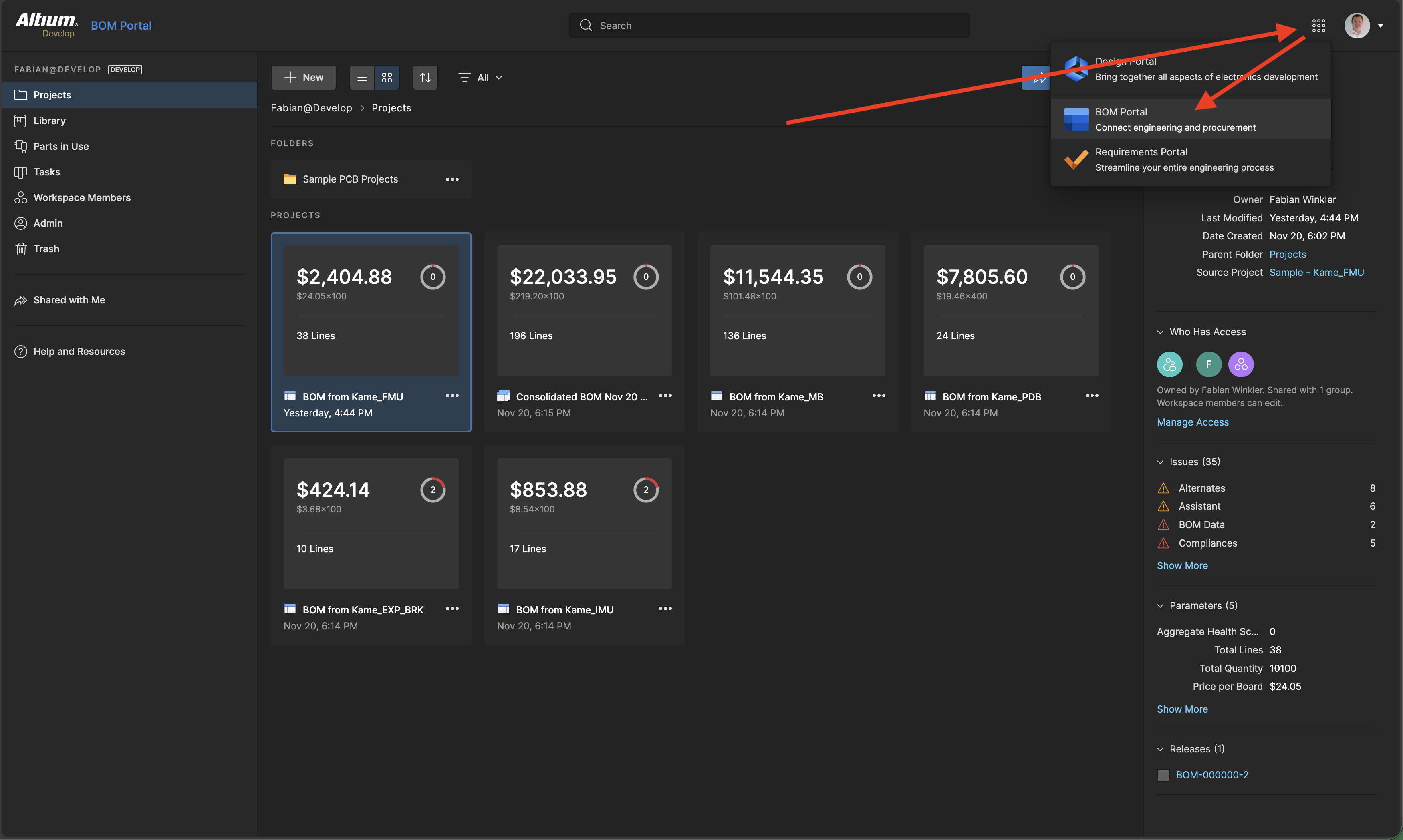 Access BOM Portal through the 9-dot menu in your Altium&nbsp;365 Workspace