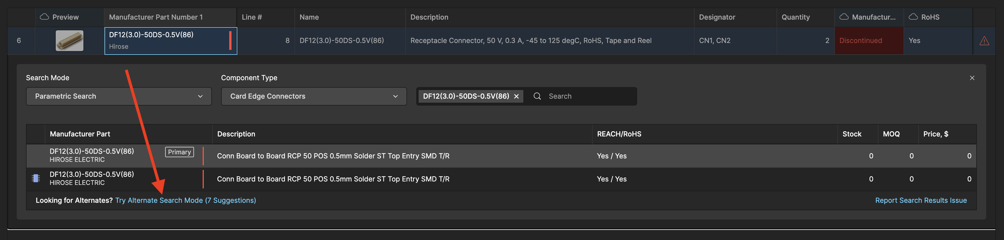 Select Try Alternate Search Mode to find similar parts to the originally selected one