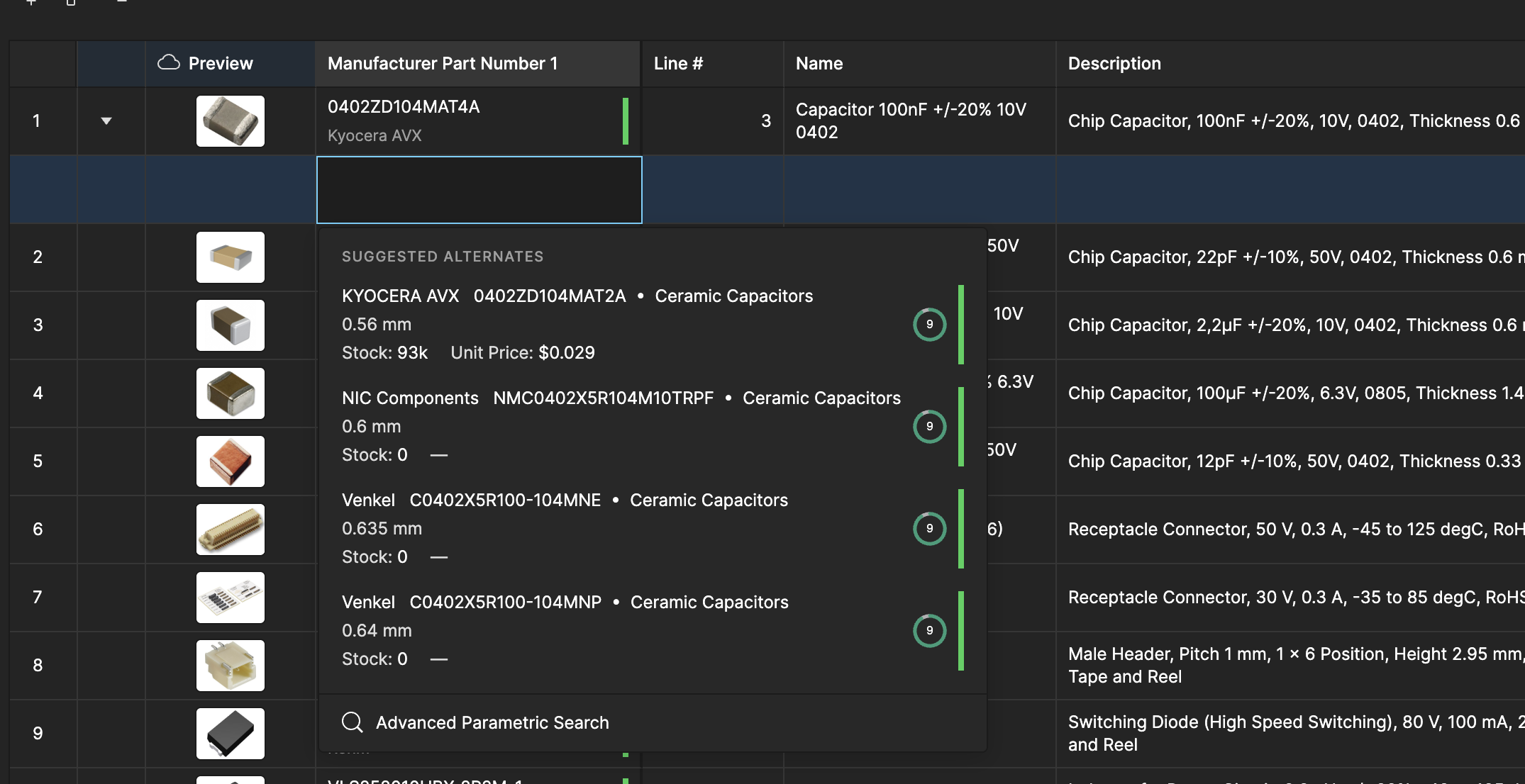 Choose an alternate from the suggestions or dig deeper with the Advanced Parametric Search