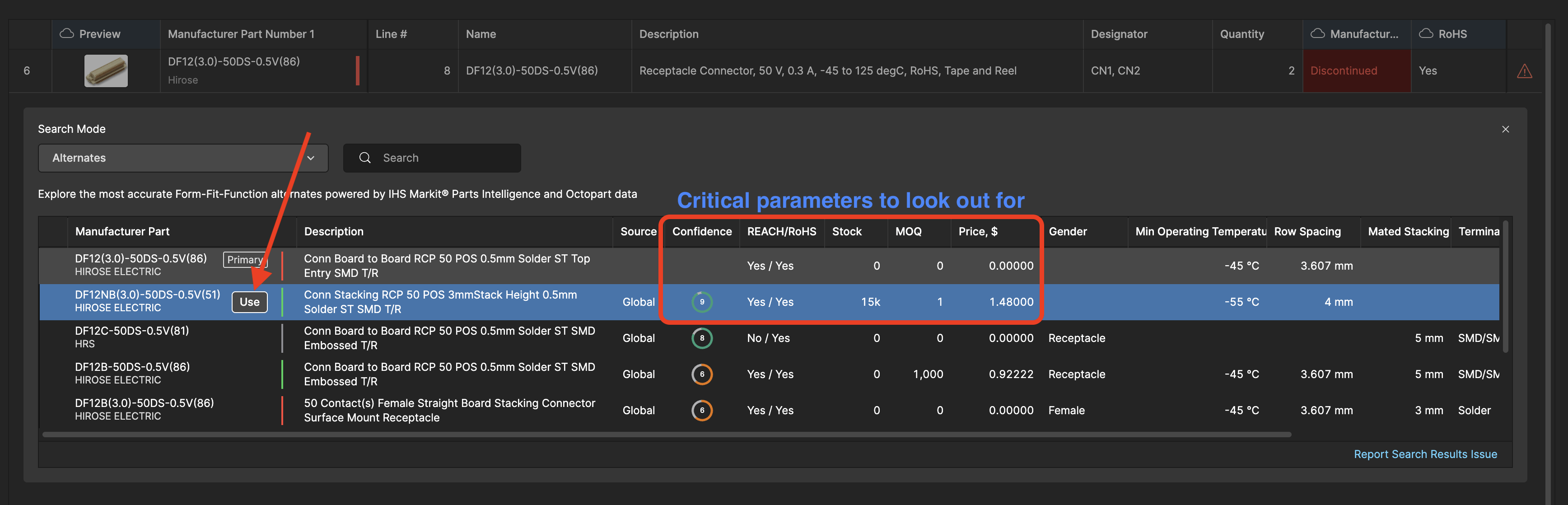 Check critical parameter and select the part you want to use in the BOM