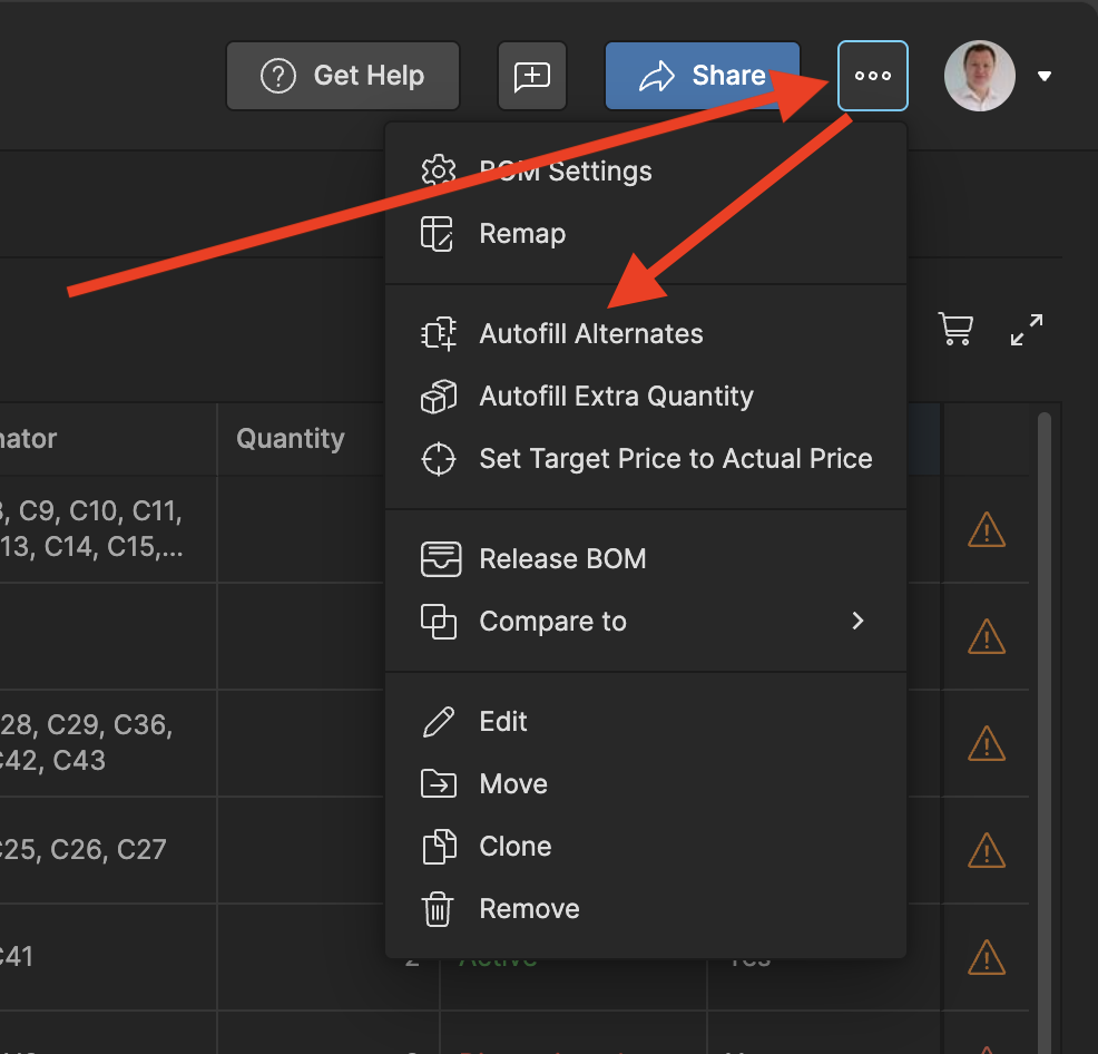 Go to the BOM menu and select Autofill Alternates