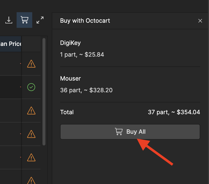 After a last review, click Buy All to add all parts to the checkout cart of the suppliers