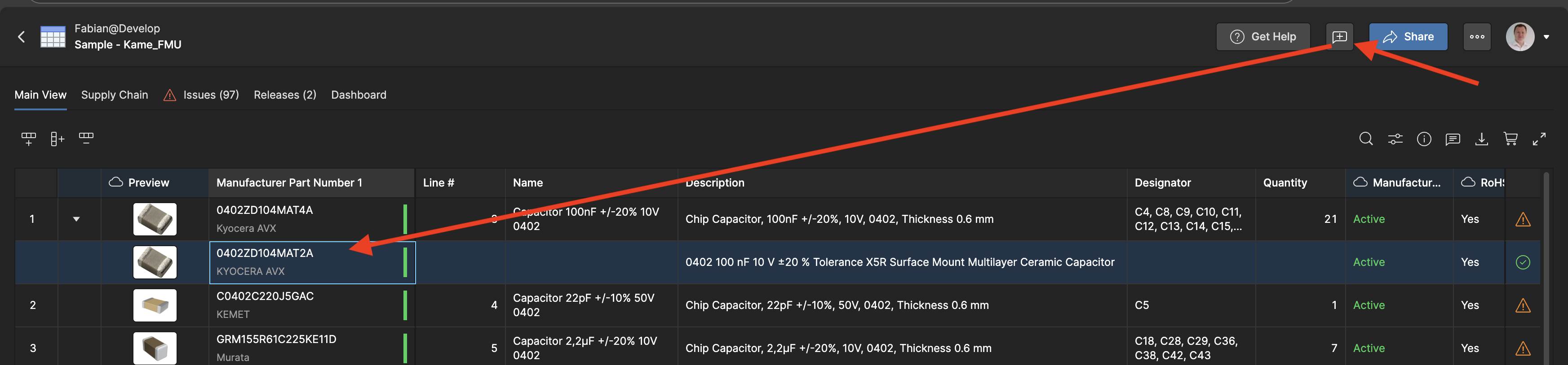 Select the comment icon and afterwards the BOM line where you want to place the comment