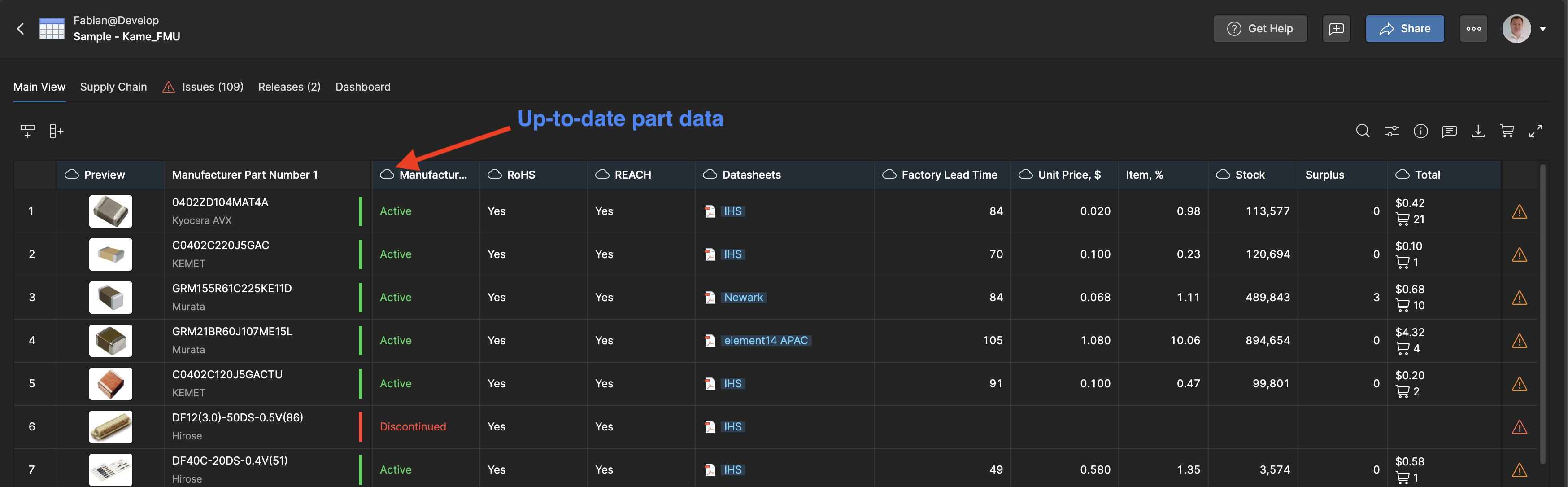 Discover Essential Part Intelligence by looking for the cloud symbol in the column name