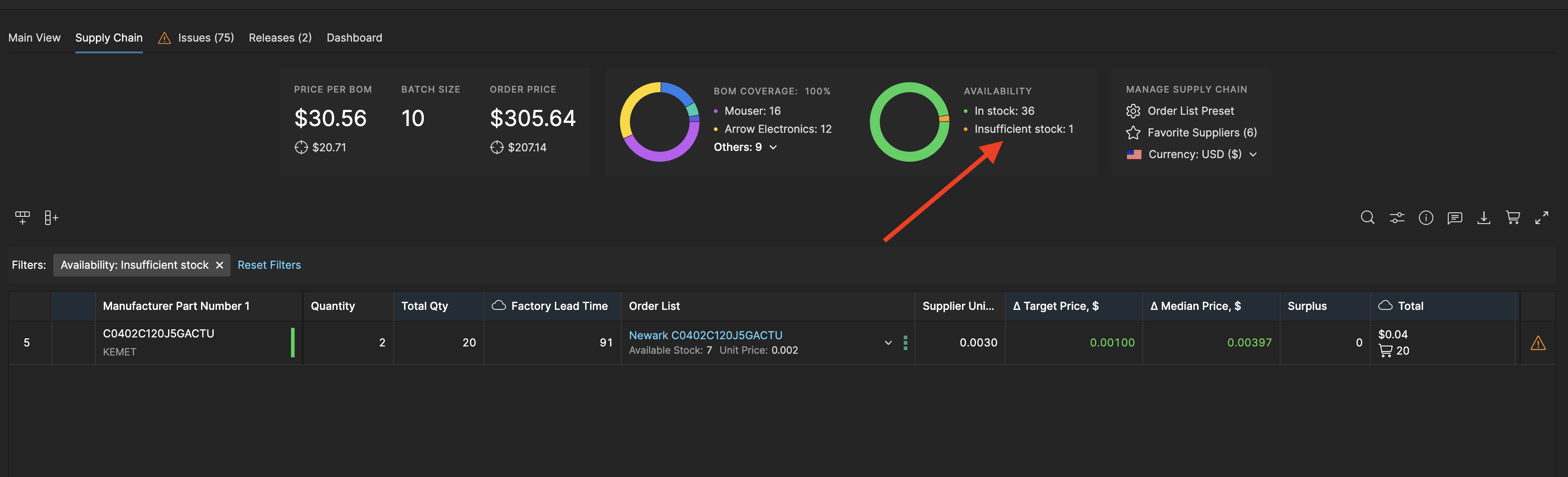 Filter for issues (e.g. Insufficient Stock)