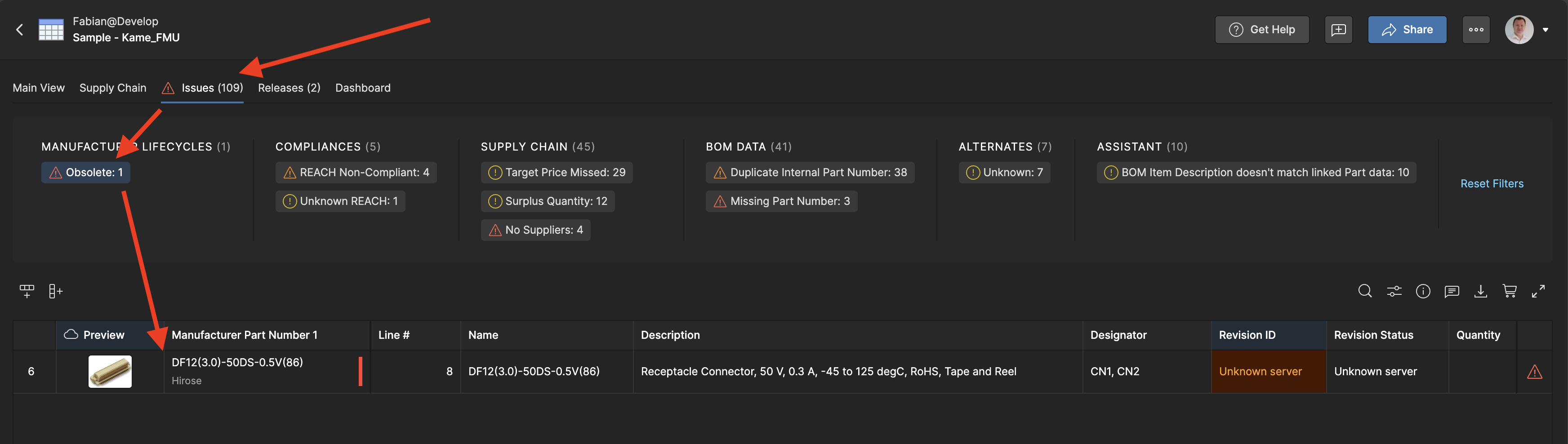 Issues tab with filtered view showing missing part numbers