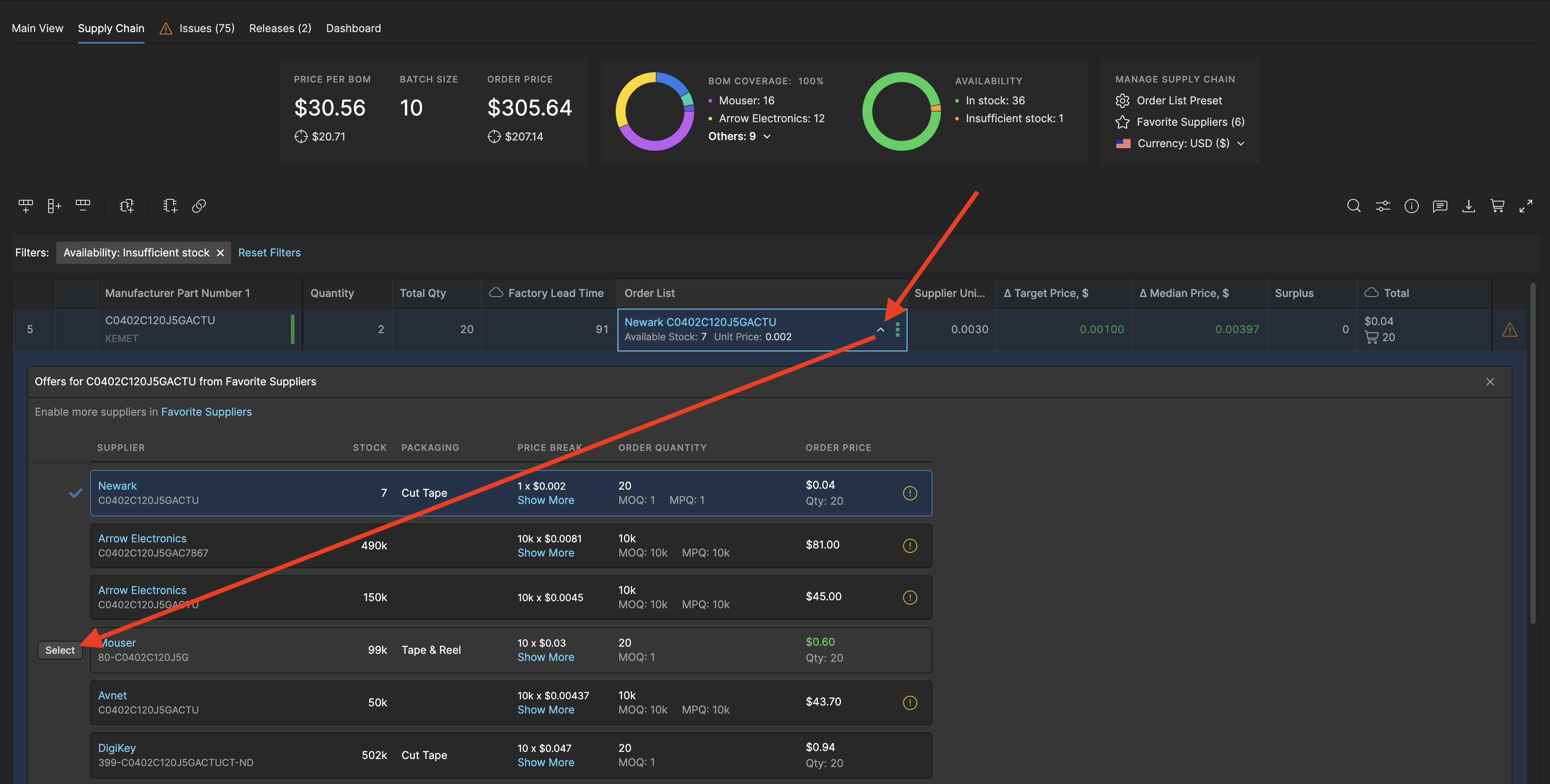 Select your part and change the order list for a part with sufficient stock