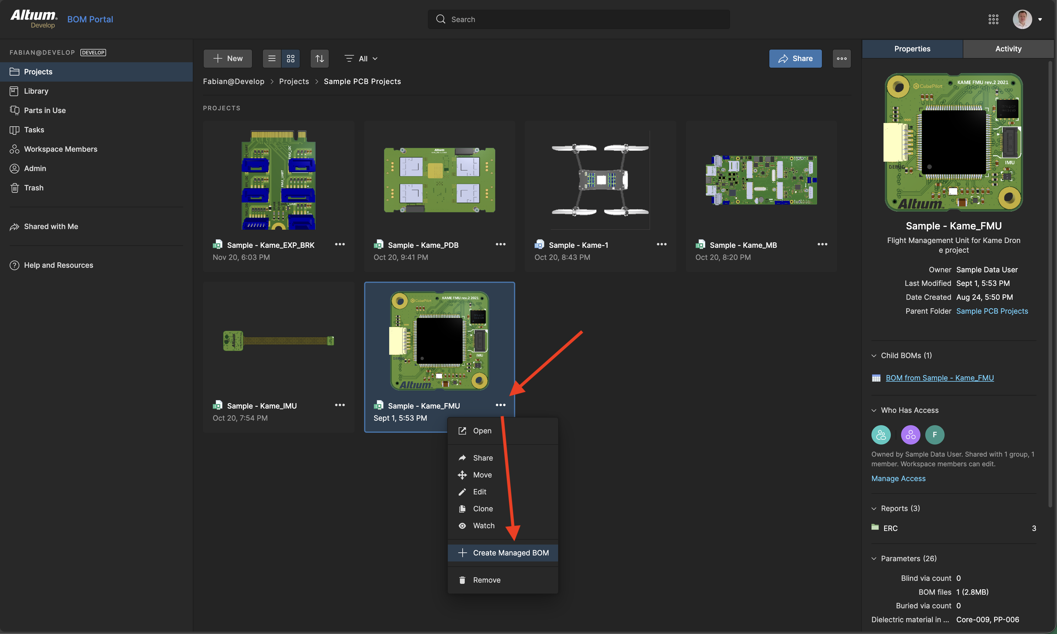 Access the contextual menu of the PCB project