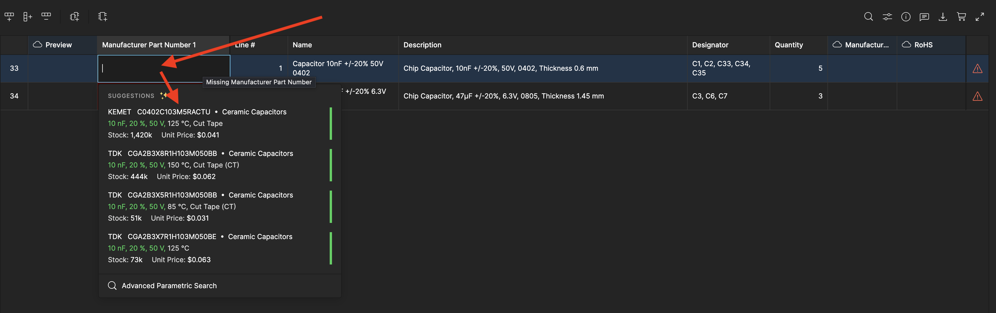 Select the MPN cell to see suggestions based on the part description