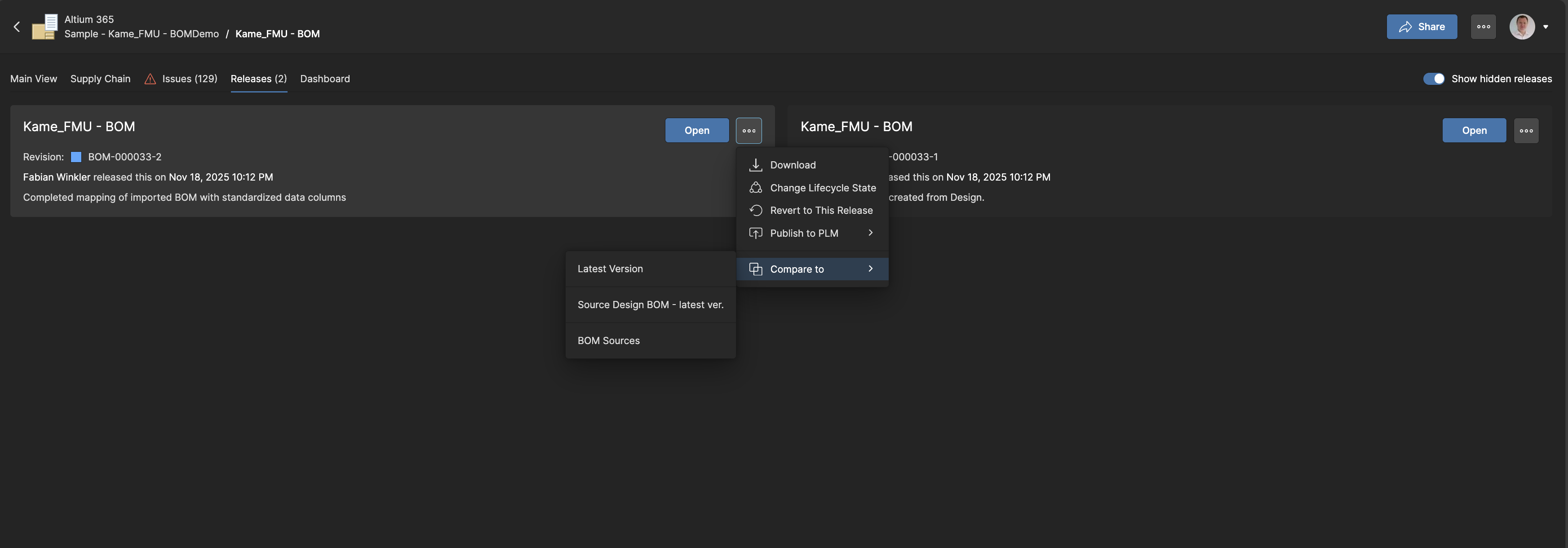 Manage BOM release, set lifecycles, compare or revert to specific versions