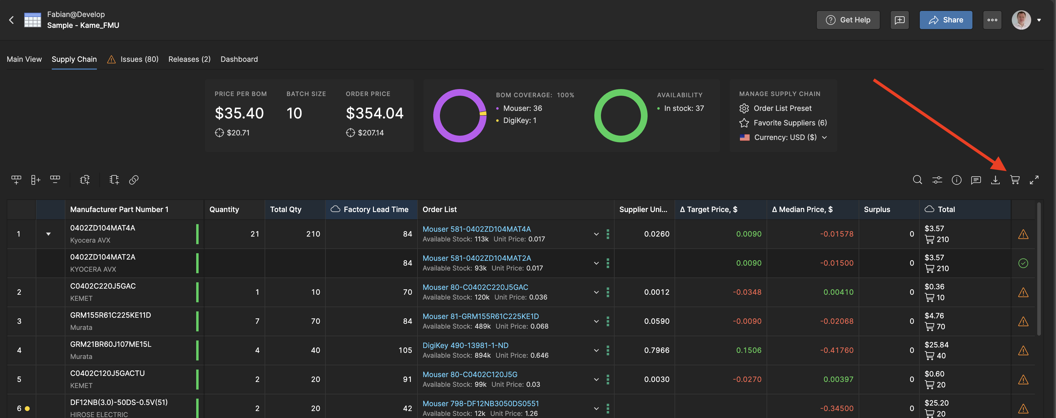 To order your BOM with Octocart click on the shopping cart icon